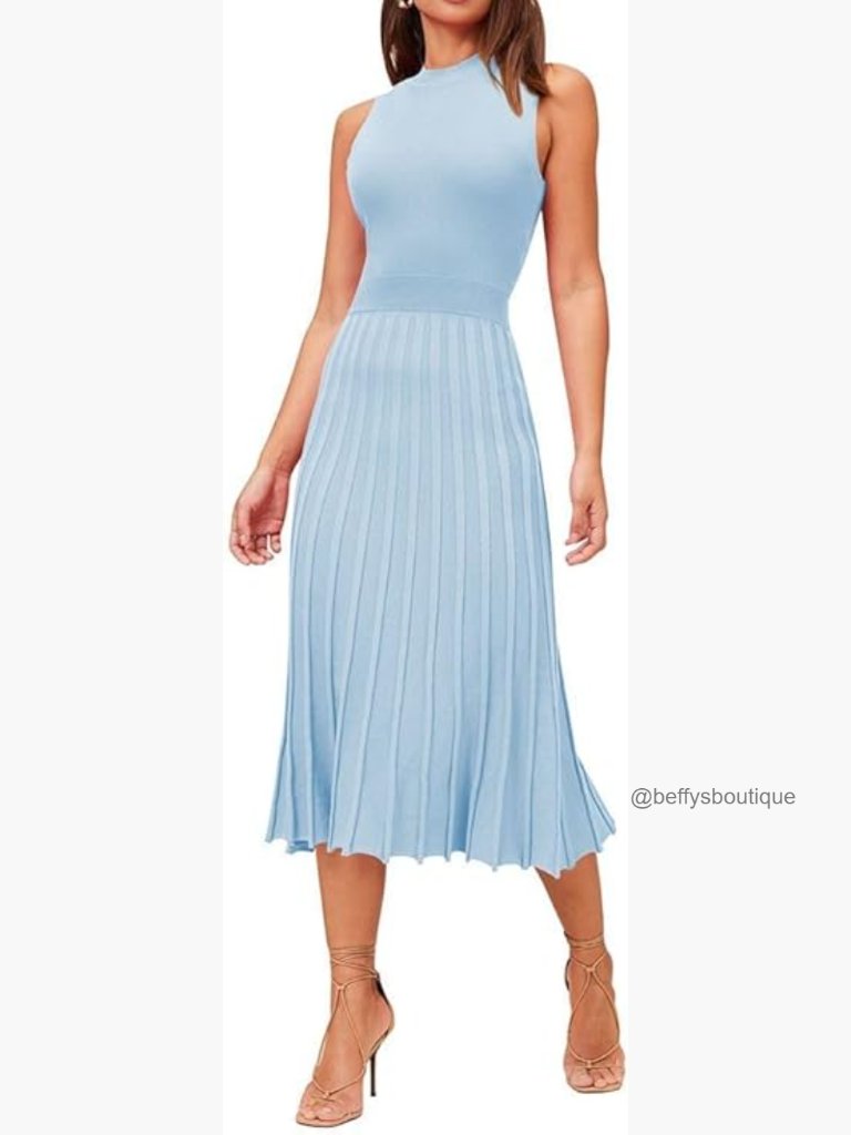 Sleeveless Midi Dress High Waisted Pleated Ribbed Knit Swing Dress Casual Party